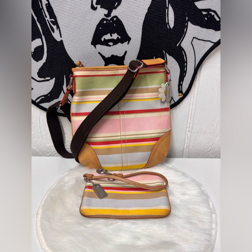 Coach Striped Multicolor Crossbody Bag and Wristlet Set